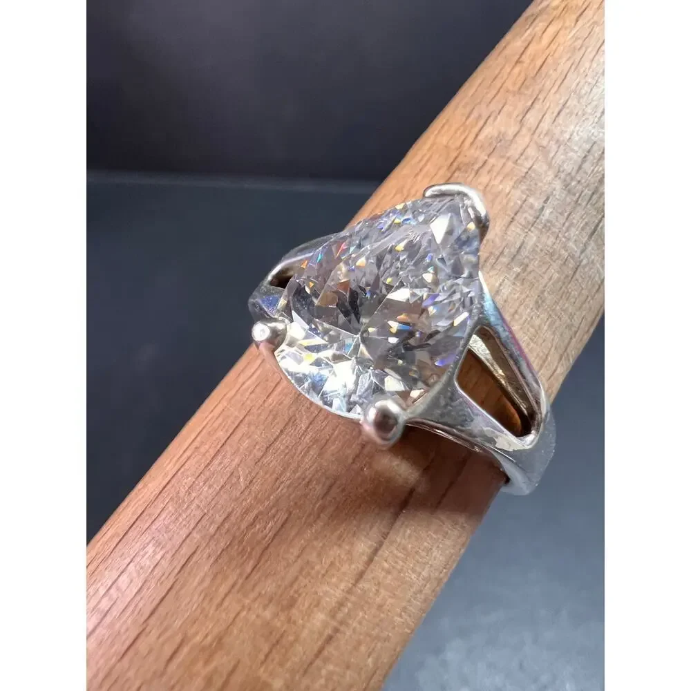 Vintage CZ Pear Solitaire in Sterling Silver, Open Gallery Split Shank, Size 9